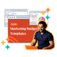 A man smiling while using a laptop, surrounded by colorful marketing budget templates and charts