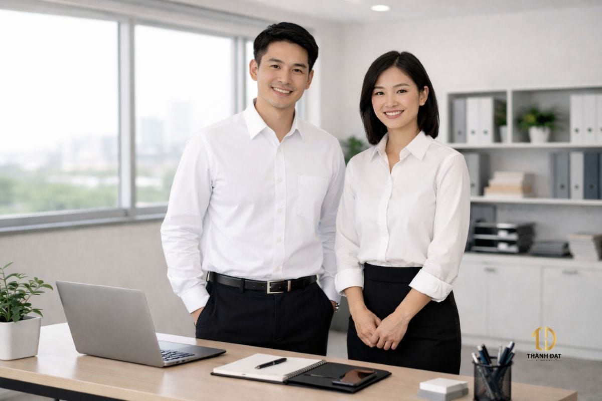 Nhân viên tự tin làm việc trong đồng phục công sở hiện đại, thúc đẩy quản trị nhân sự hiệu quả.