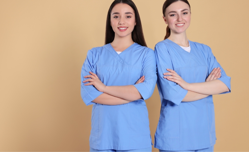 Hai nữ y tá đứng cạnh nhau, tay bắt chéo trước ngực, mặc bộ đồng phục y tế màu xanh dương, cổ chữ V, tay lửng, nền màu be đơn sắc, ánh sáng studio đều.