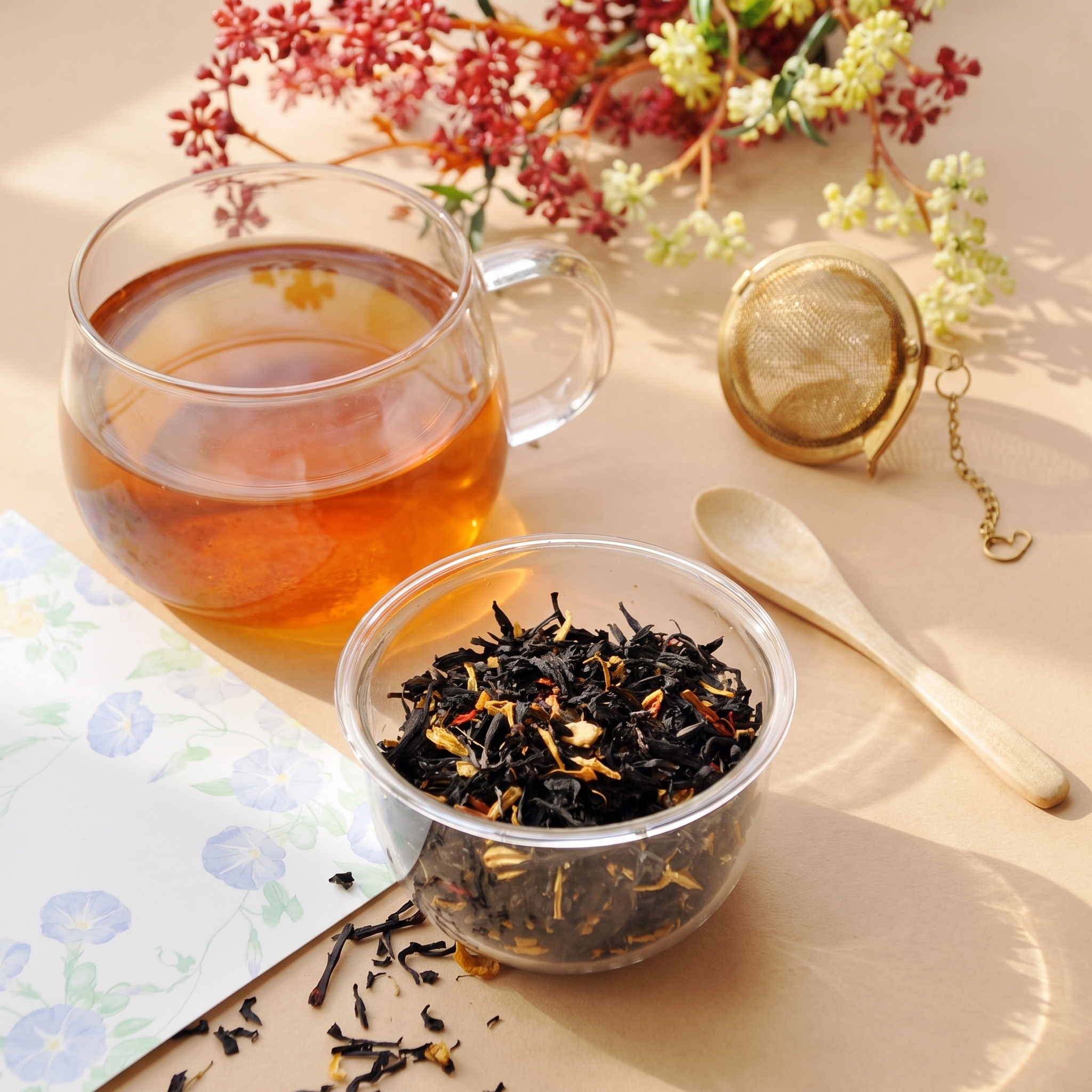 Trà Golden Peach trong Chai thủy tinh. Trà lá rời, được đựng trong chai thuỷ tinh có nắp , chai trà thuỷ tinh trong suốt có thể nhìn thấy trà và hoa bên trong. Mỗi lần uống lấy 1 ít pha, sau đó đậy kí