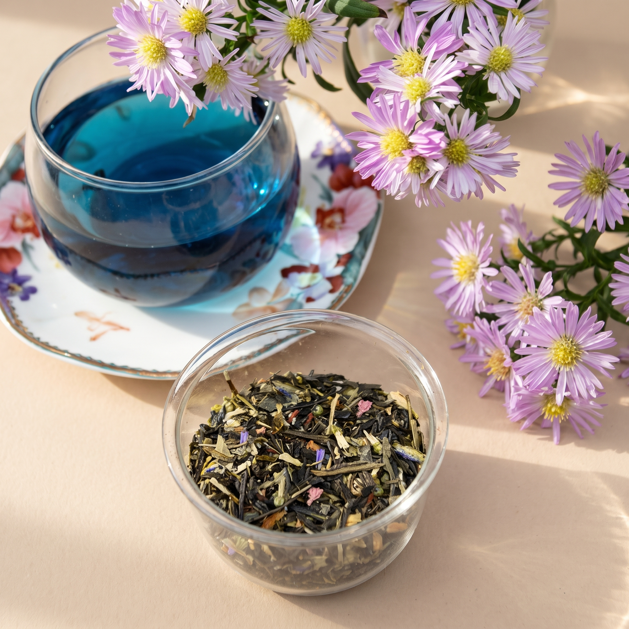 Trà Violet Jasmine trong Chai thủy tinh. Trà lá rời, được đựng trong chai thuỷ tinh có nắp , chai trà thuỷ tinh trong suốt có thể nhìn thấy trà và hoa bên trong. Mỗi lần uống lấy 1 ít pha, sau đó đậy
