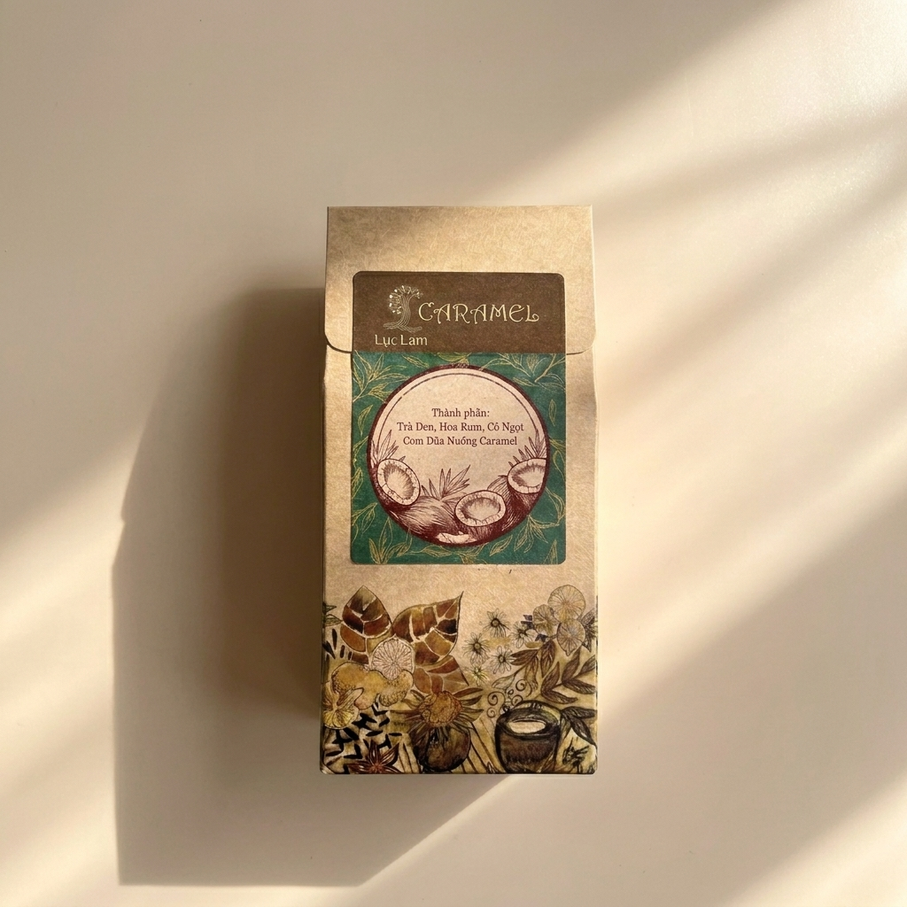 Trà Caramel là "trà hoa, trà thảo mộc " trong Hộp giấy 50gr; tên sản phẩm và quy cách được thể hiện trên bao bì; quy cách 50g. Điểm nhận diện: Bởi hương vị dễ chịu, không ồn ào không quá phô trương, v