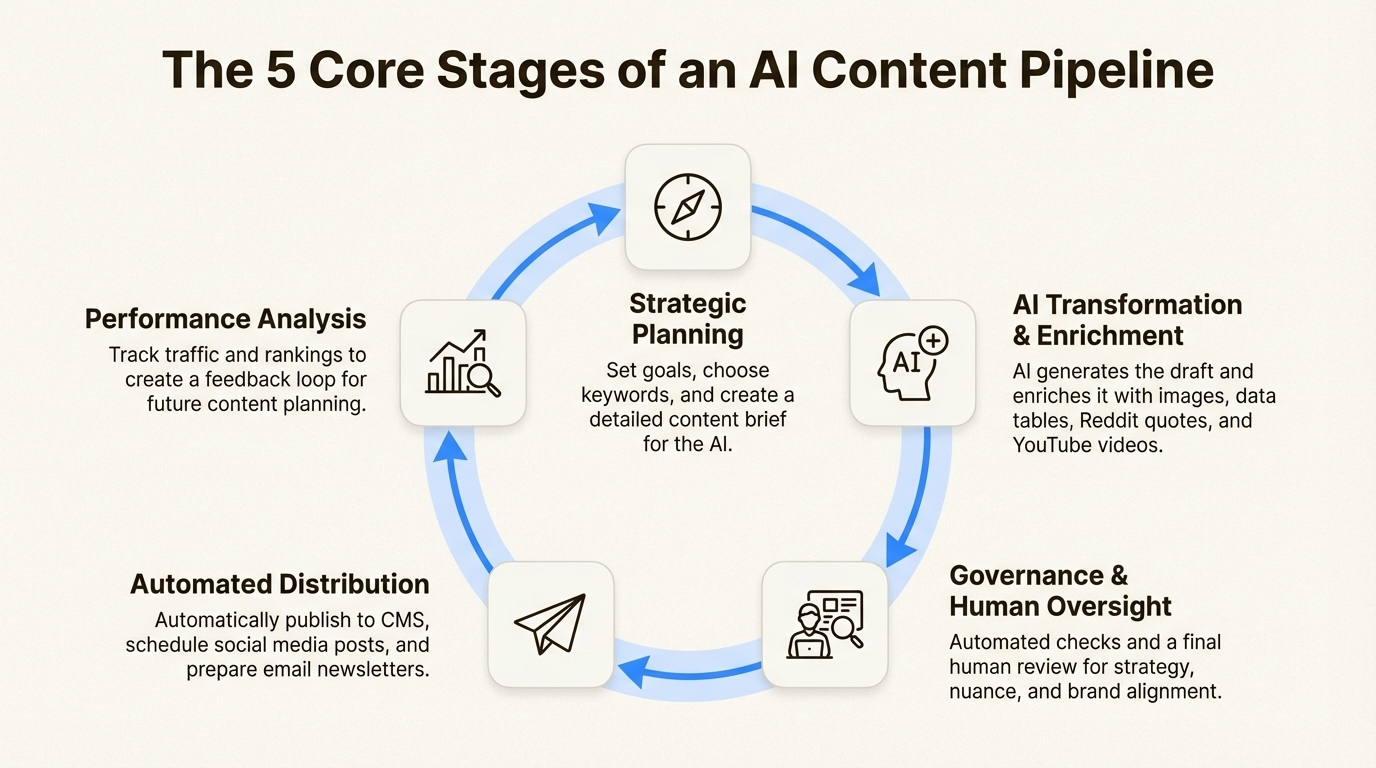 An infographic showing the five core stages of how to build an AI content pipeline, from strategic planning to performance analysis.