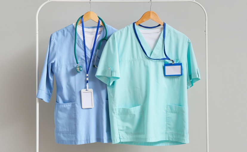 Hai bộ đồng phục y tế (scrubs) màu xanh dương và xanh ngọc treo trên giá trắng. Cổ chữ V, tay lửng, túi trước, kèm ống nghe và dây đeo thẻ ID. Nền xám, ánh sáng studio đều.