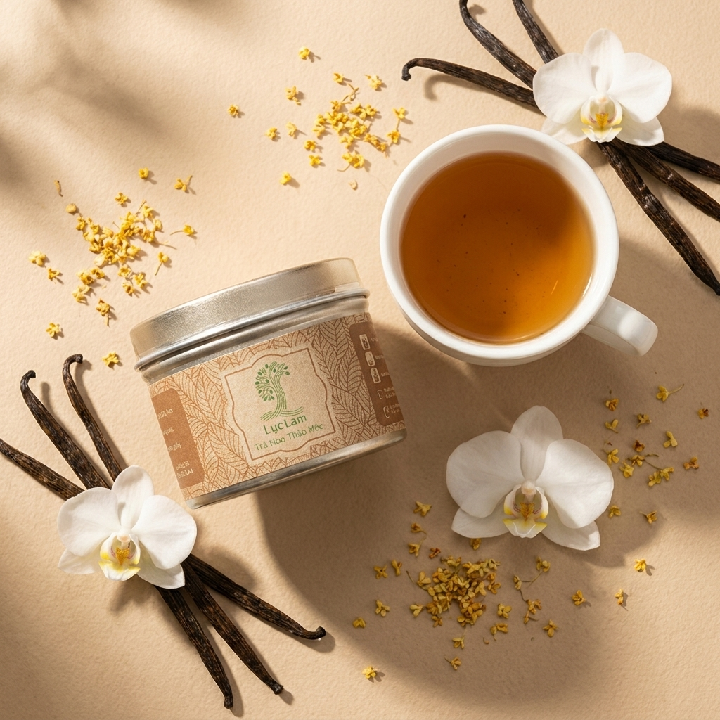 Herbal tea tin (cylindrical metal container) and ceramic cup: brown paper label with botanical leaf pattern, loose dried yellow osmanthus flowers, whole vanilla bean pods, and white orchid blossoms.