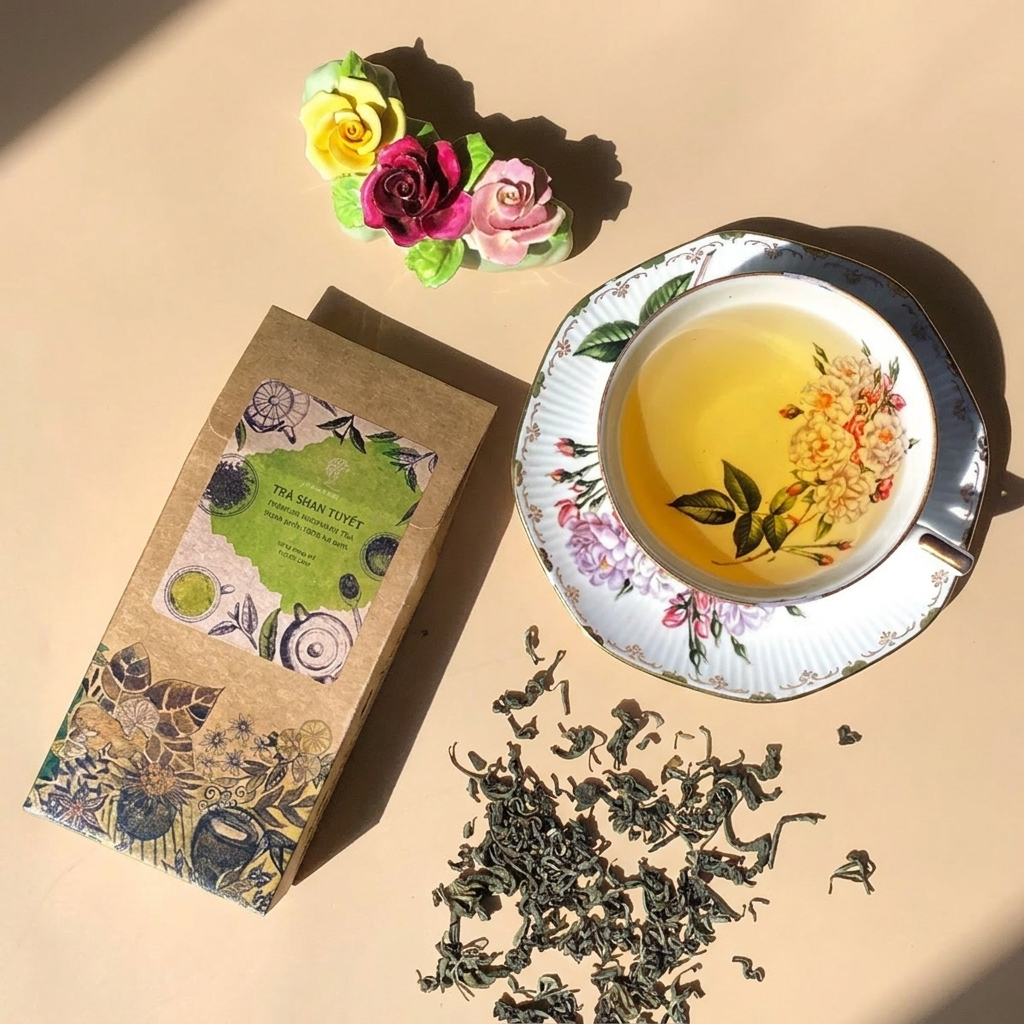 Trà Shan Tuyết là "trà hoa, trà thảo mộc " trong Hộp giấy 50gr; tên sản phẩm và quy cách được thể hiện trên bao bì; quy cách 50g. Điểm nhận diện: Trà cổ thụ được hái kì công, người nông dân phải leo l