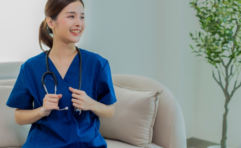 Một nữ y tá mặc bộ đồng phục y tế (scrubs) màu xanh dương, cổ chữ V, tay ngắn, cầm ống nghe y khoa. Nền là ghế sofa màu be và cây xanh trong phòng, ánh sáng tự nhiên dịu nhẹ.