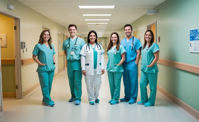 6 nhân viên y tế đứng thành hàng trong hành lang bệnh viện, mặc bộ đồng phục y tá (scrubs) màu xanh ngọc và xanh dương, một người mặc áo blouse trắng, một số đeo ống nghe, nền là tường xanh nhạt và sà