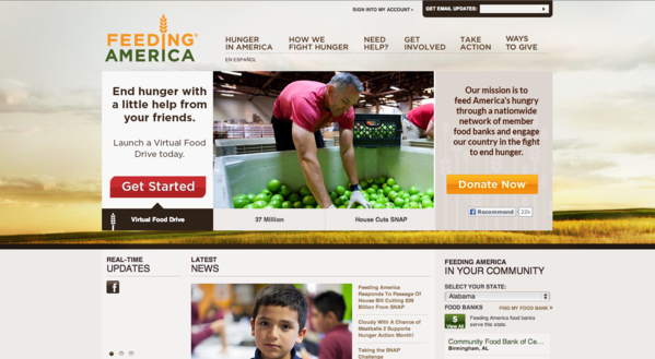 Feeding America homepage showing resources and hunger data