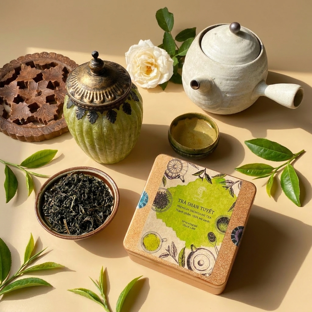 Thiếc vuông 50g của Trà Shan Tuyết, ảnh nhấn vào thân hộp kim loại và tên trà. Nắp và thân thiếc vuông nhận diện bản 50g; dạng hộp này dùng để cất trà lá rời, khác phiên bản thiếc cao 16 túi lọc.