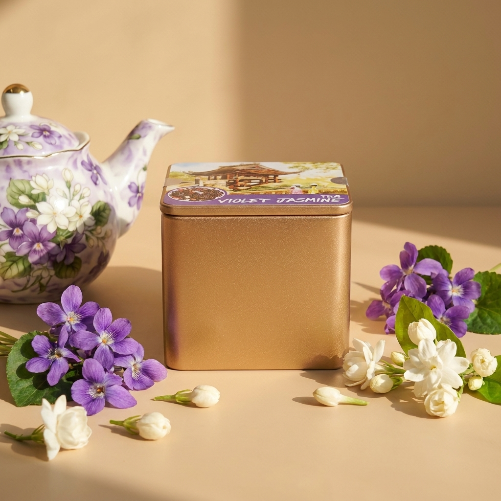 Hộp thiếc vuông đựng Trà Violet Jasmine; mở nắp là túi PE 50g trà cùng tờ thành phần và công dụng. Nắp và thân thiếc vuông nhận diện bản 50g; dạng hộp này dùng để cất trà lá rời, khác phiên bản thiếc