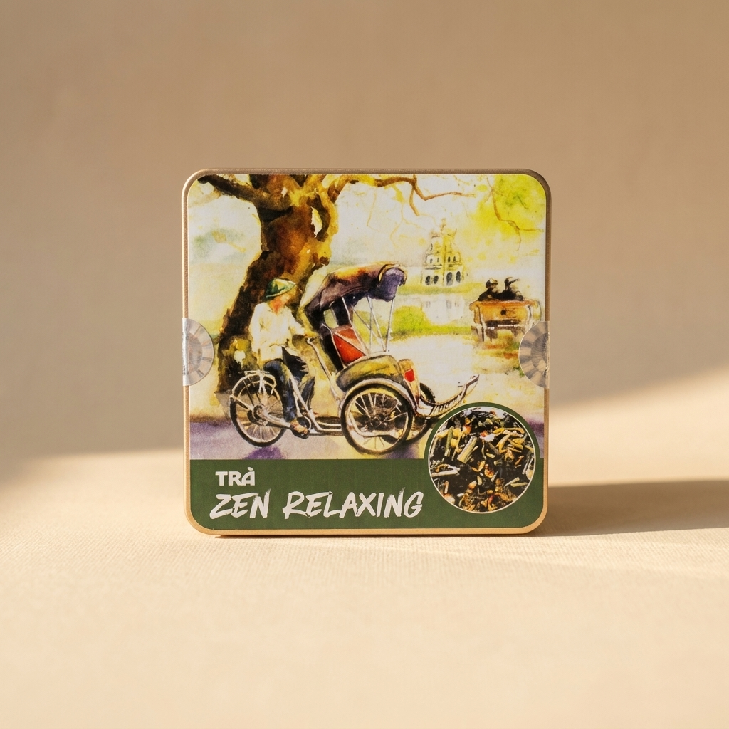 Thiếc vuông 50g của Trà Zen Relaxing, ảnh nhấn vào thân hộp kim loại và tên trà. Dáng hộp kim loại vuông nhận diện bản 50g, khác hẳn ống 20g và hộp trà túi lọc; trà lá rời được đóng trong túi PE theo