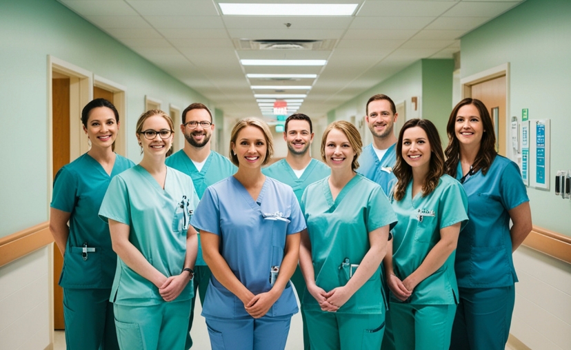 Chín nhân viên y tế đứng thành hai hàng trong hành lang bệnh viện. Họ mặc bộ đồng phục y tá (scrubs) cổ chữ V, tay ngắn, màu xanh ngọc và xanh dương. Ánh sáng huỳnh quang từ trần nhà, tường xanh nhạt