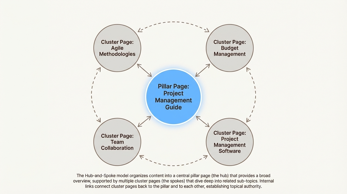 An infographic showing the hub-and-spoke model used to structure AI topical authority content with a central pillar page and surrounding cluster pages.