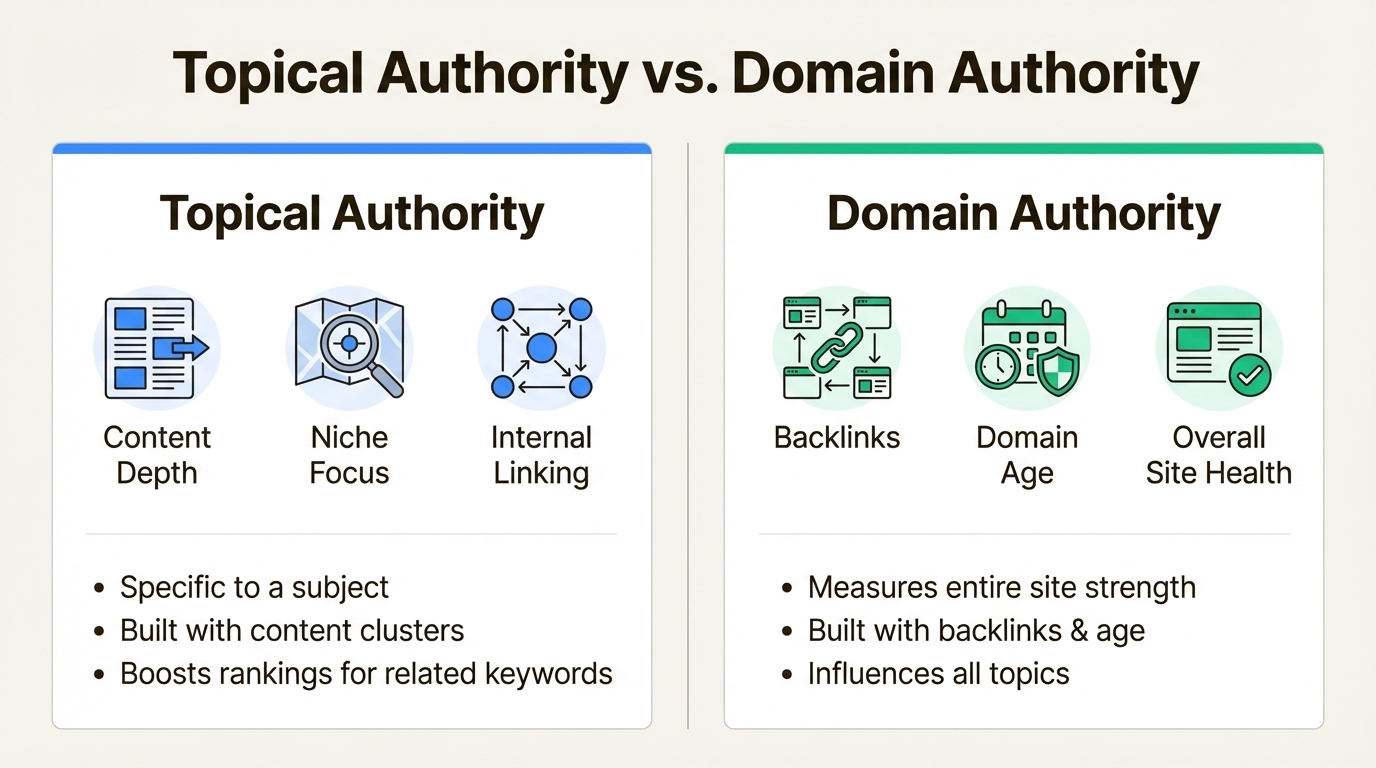 An infographic comparing Topical Authority and Domain Authority, key factors for creating AI topical authority content.