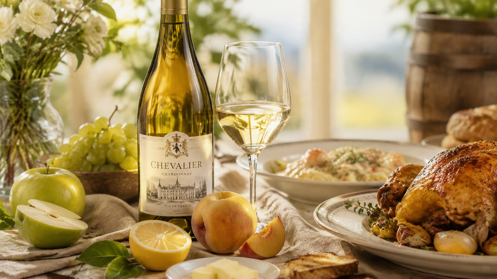 Chai vang trắng Chevalier Chardonnay 2022 trong chai thủy tinh vàng, ly rượu, táo xanh, lê, nho, chanh, gà quay và món ăn trên bàn ăn gỗ, ánh sáng tự nhiên.