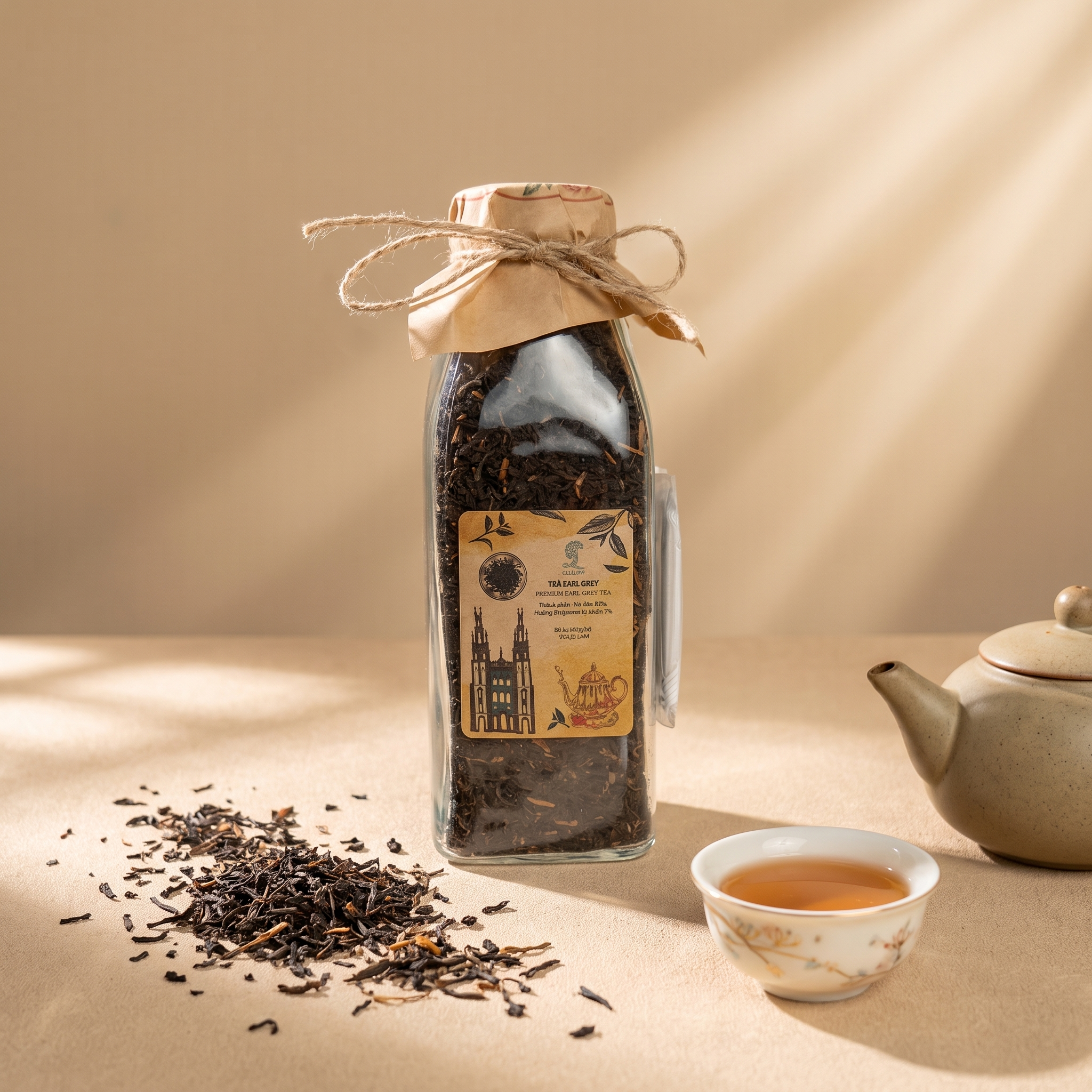 What does this image show: Chai thủy tinh trong suốt đựng trà lá rời, thấy rõ lá trà đen và cánh hoa bên trong, nắp vặn kín, dùng được nhiều lần.