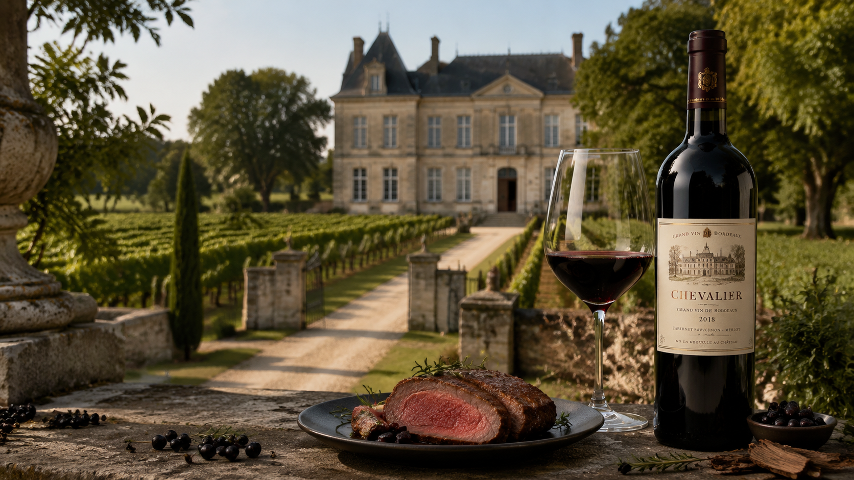 Chai rượu Bordeaux Chevalier 2018, ly rượu vang đỏ và đĩa thịt nướng cắt lát đặt trên bàn đá, với vườn nho và lâu đài đá làm nền, ánh sáng tự nhiên buổi chiều.