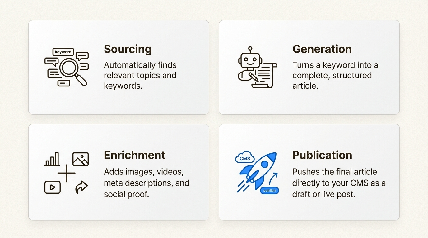 An infographic explaining the four pillars of a system that shows how I built a fully automated blog using AI: sourcing, generation, enrichment, and publication.