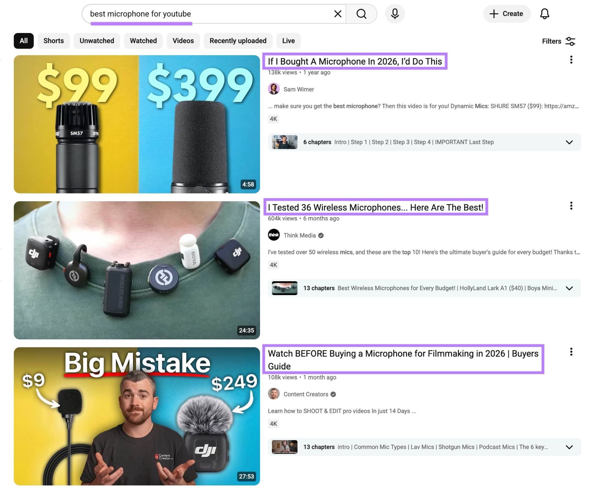 YouTube SERP for the term best microphone for youtube with top results highlighted.