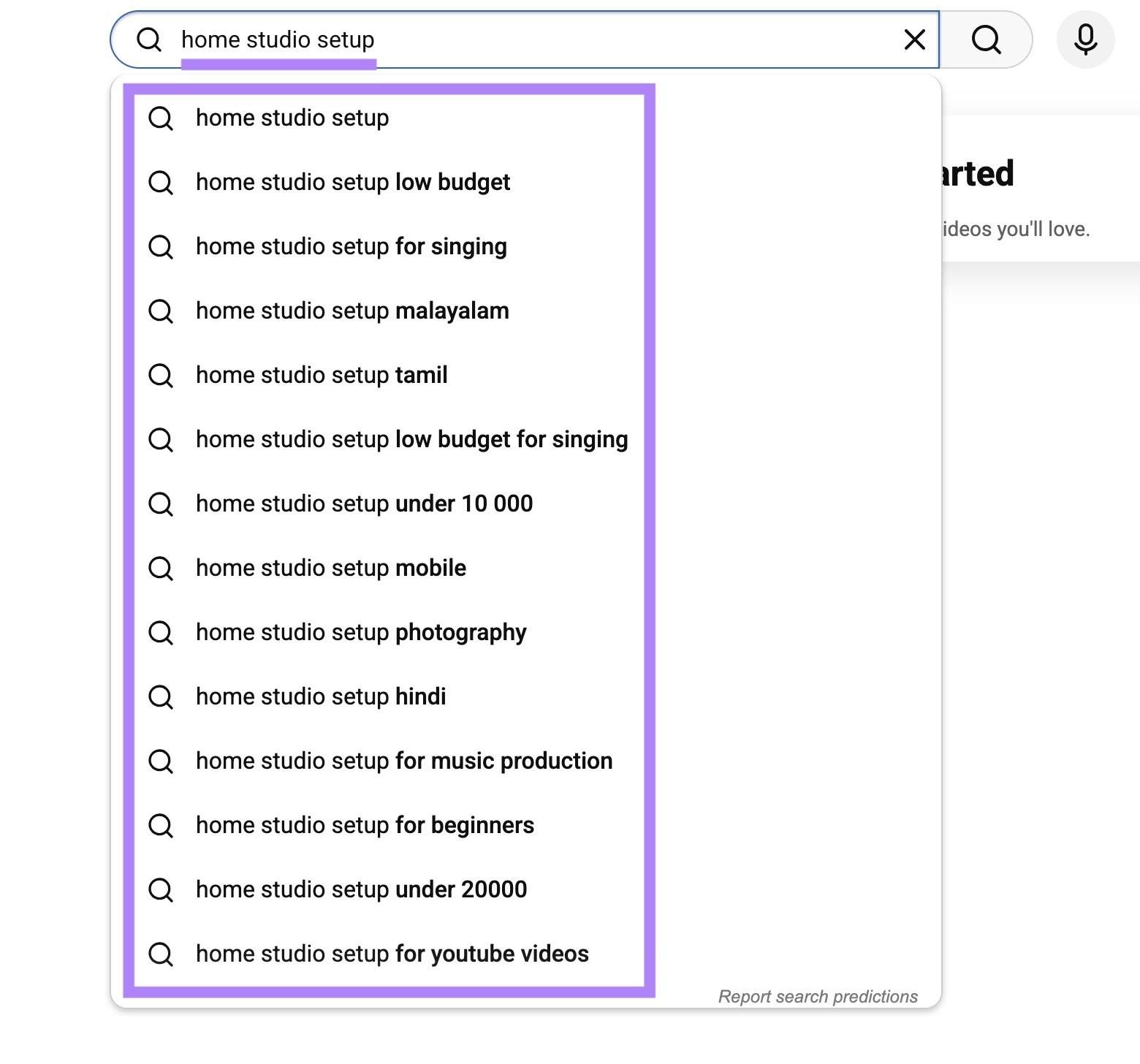 YouTube SERP with home studio setup entered as the term with autocomplete suggestions.