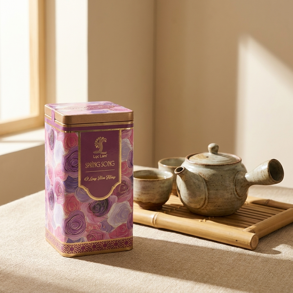 Dáng thiếc cao của Trà OoLong Hoa Hồng, bên trong 16 túi lọc màng bột ngô, mỗi túi 3g. Theo quy cách, 16 túi lọc 3g nằm trong túi PE rồi trong thiếc; hình dáng thiếc cao giúp phân biệt với hộp thiếc v