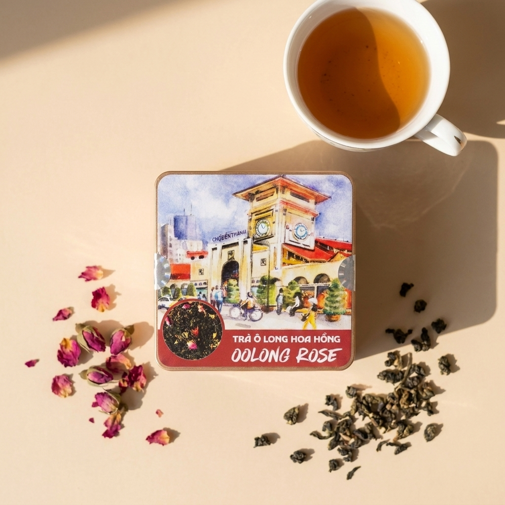 Cận cảnh hộp thiếc vuông Trà OoLong Hoa Hồng, dáng hộp chắc chắn; hộp có 50g trà, đủ pha 20–25 tách. Nắp và thân thiếc vuông nhận diện bản 50g; dạng hộp này dùng để cất trà lá rời, khác phiên bản thiế