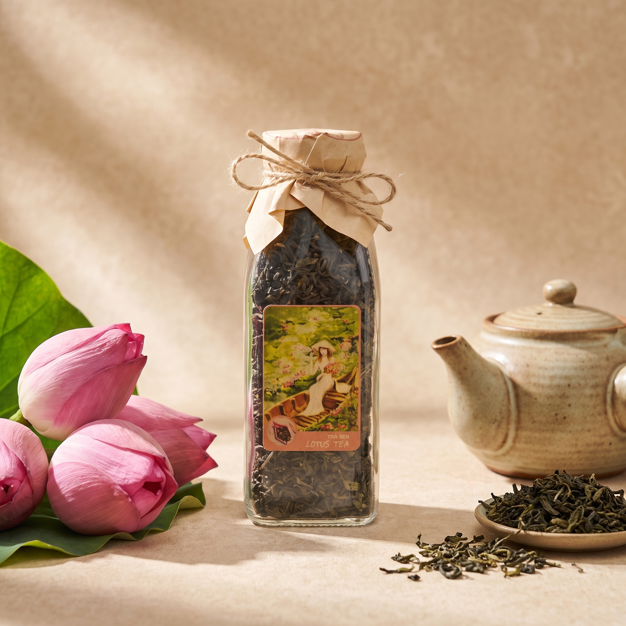 Trà Sen trong Chai thủy tinh. Trà lá rời, được đựng trong chai thuỷ tinh có nắp , chai trà thuỷ tinh trong suốt có thể nhìn thấy trà và hoa bên trong. Mỗi lần uống lấy 1 ít pha, sau đó đậy kín nắp lại