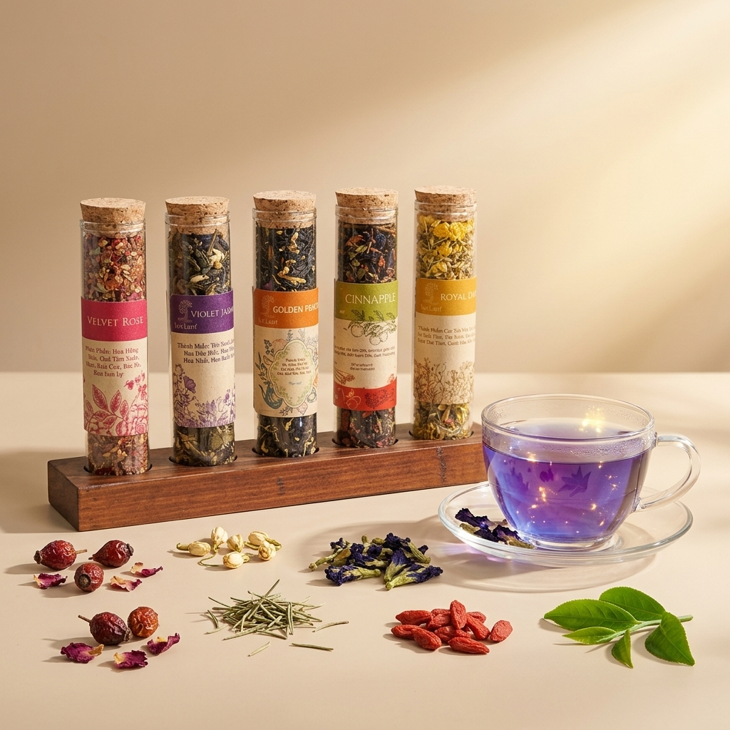 Five glass test-tube tea canisters (cylindrical vials) with cork stoppers standing in a wooden rack: colorful paper labels, dried botanical ingredients, and a clear glass cup of purple herbal tea with