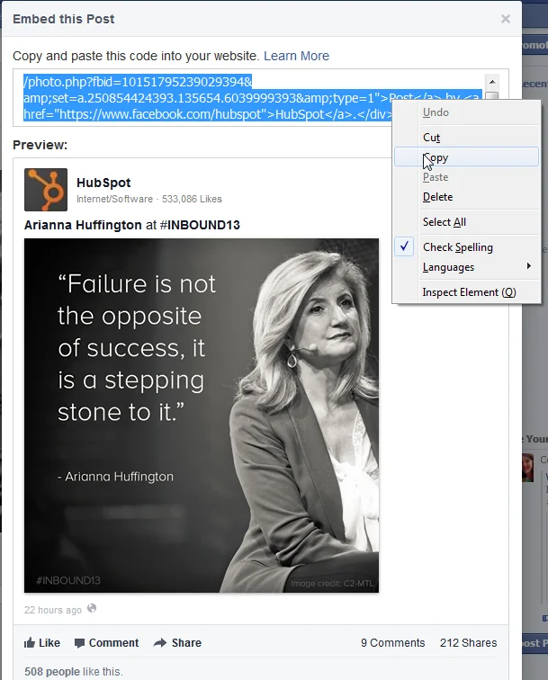 Copying the embed code from Facebook for website integration