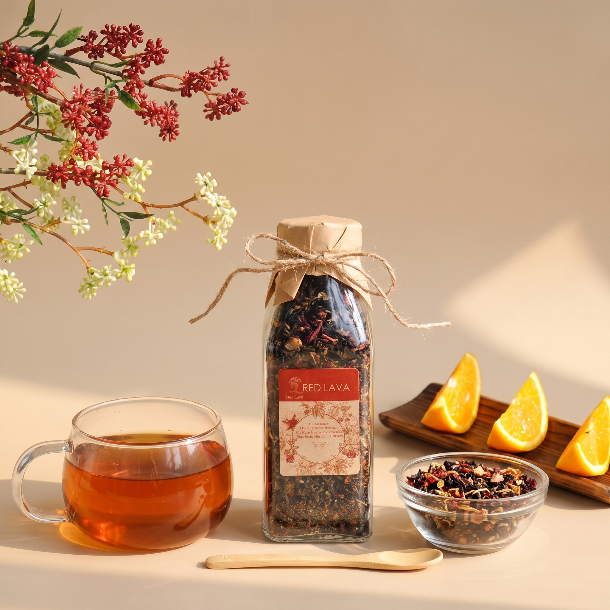 Trà Red Lava trong Chai thủy tinh. Trà lá rời, được đựng trong chai thuỷ tinh có nắp , chai trà thuỷ tinh trong suốt có thể nhìn thấy trà và hoa bên trong. Mỗi lần uống lấy 1 ít pha, sau đó đậy kín nắ