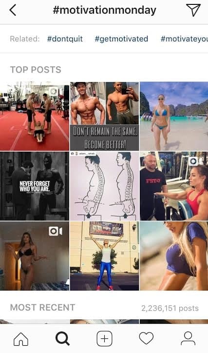 Instagram hashtag page showing Top and Recent posts