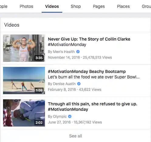 Facebook search results showing various tabs for a hashtag