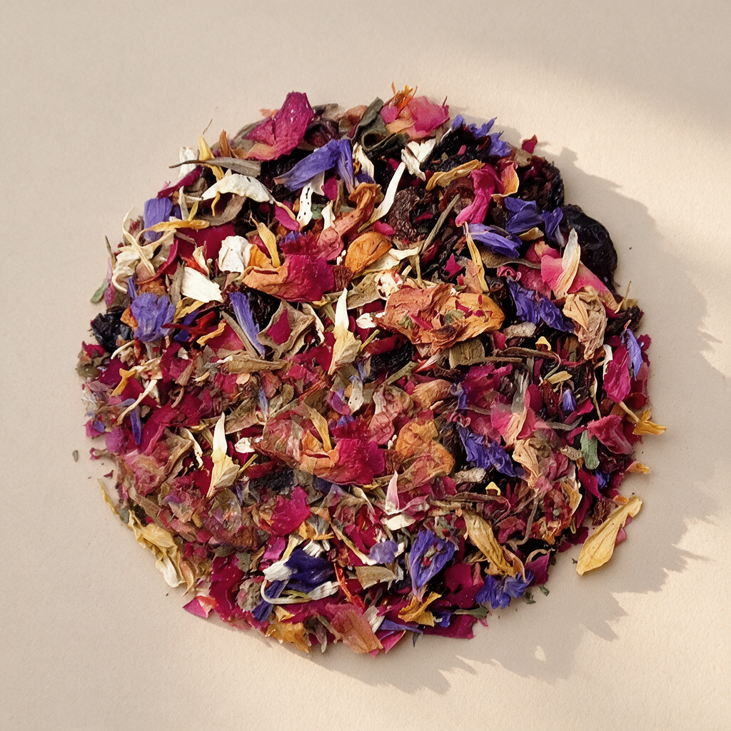 Loose leaf tea blend (dried herbal infusion) arranged in a circle: vibrant mix of dried rose petals, blue cornflower blossoms, yellow marigold petals, and dark tea leaves.