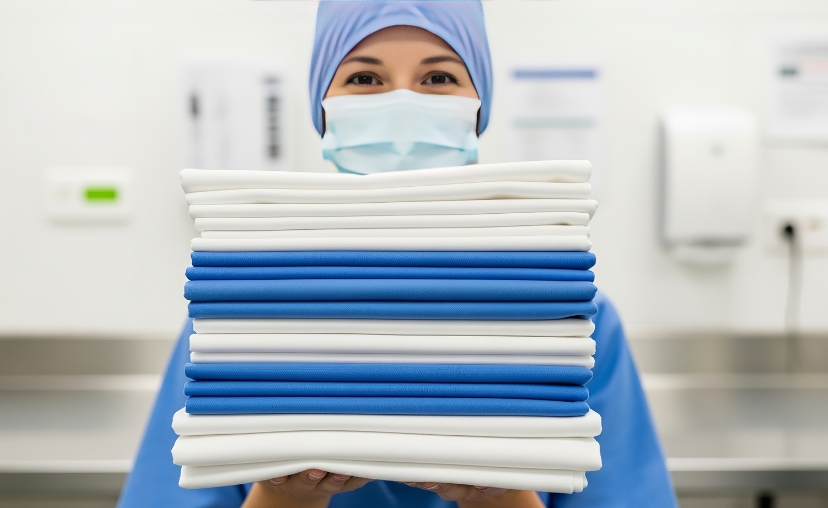 Một nữ nhân viên y tế đội mũ và đeo khẩu trang xanh, ôm một chồng cao các tấm vải y tế gấp gọn, xen kẽ màu trắng và xanh dương, trong phòng khám có ánh sáng trắng và nền mờ.