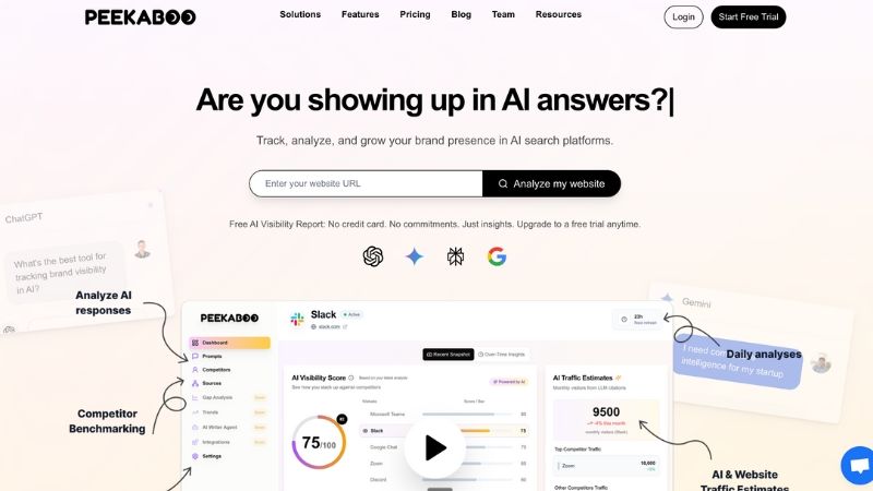 Peekaboo showing AI visibility tracking across ChatGPT, Gemini, Perplexity, and Google AI features with agency-ready reporting and dashboards