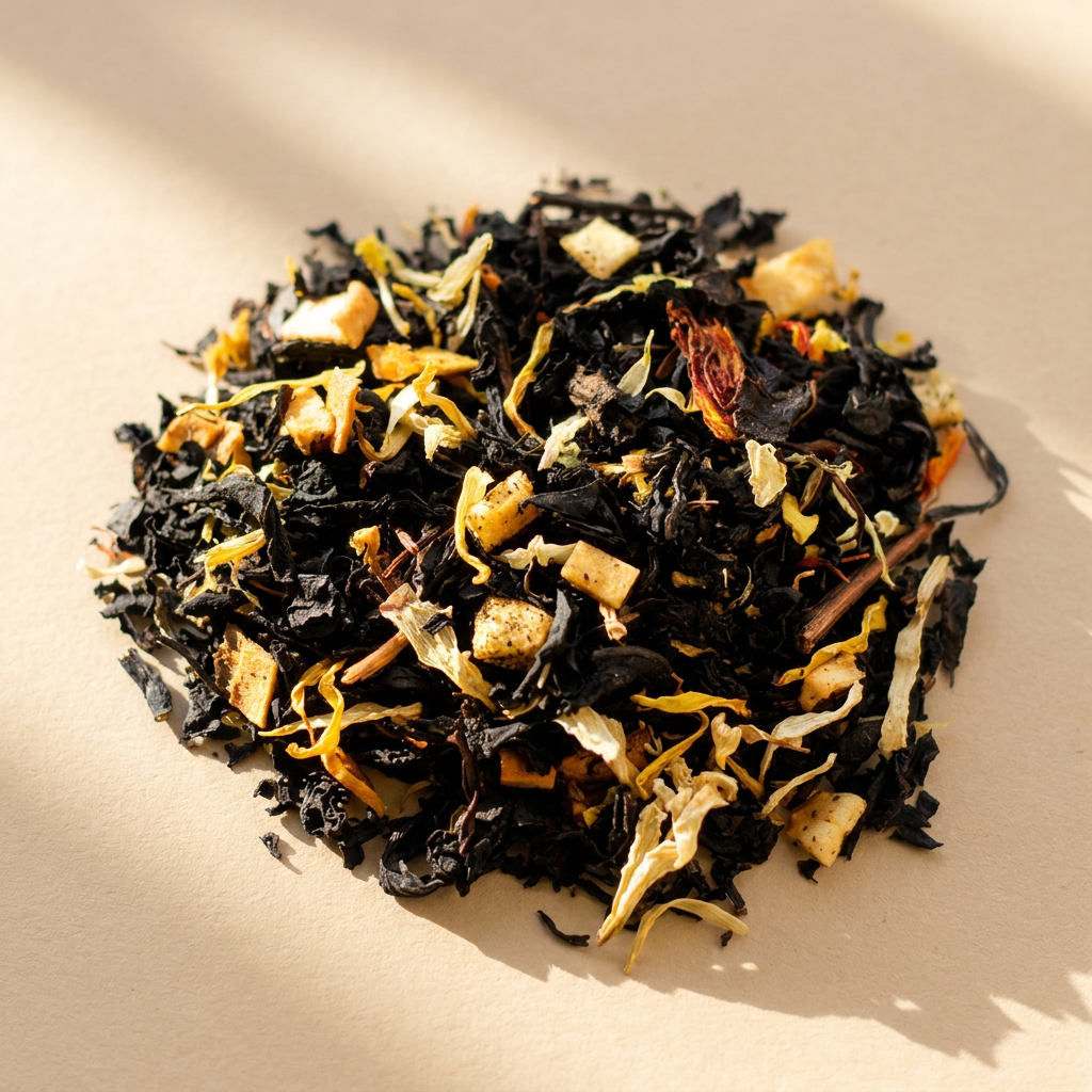 Loose leaf tea blend (one pile) -> displayed as dry ingredients: dark oxidized black tea leaves, dehydrated fruit chunks (diced pieces), and yellow flower petals (botanicals).