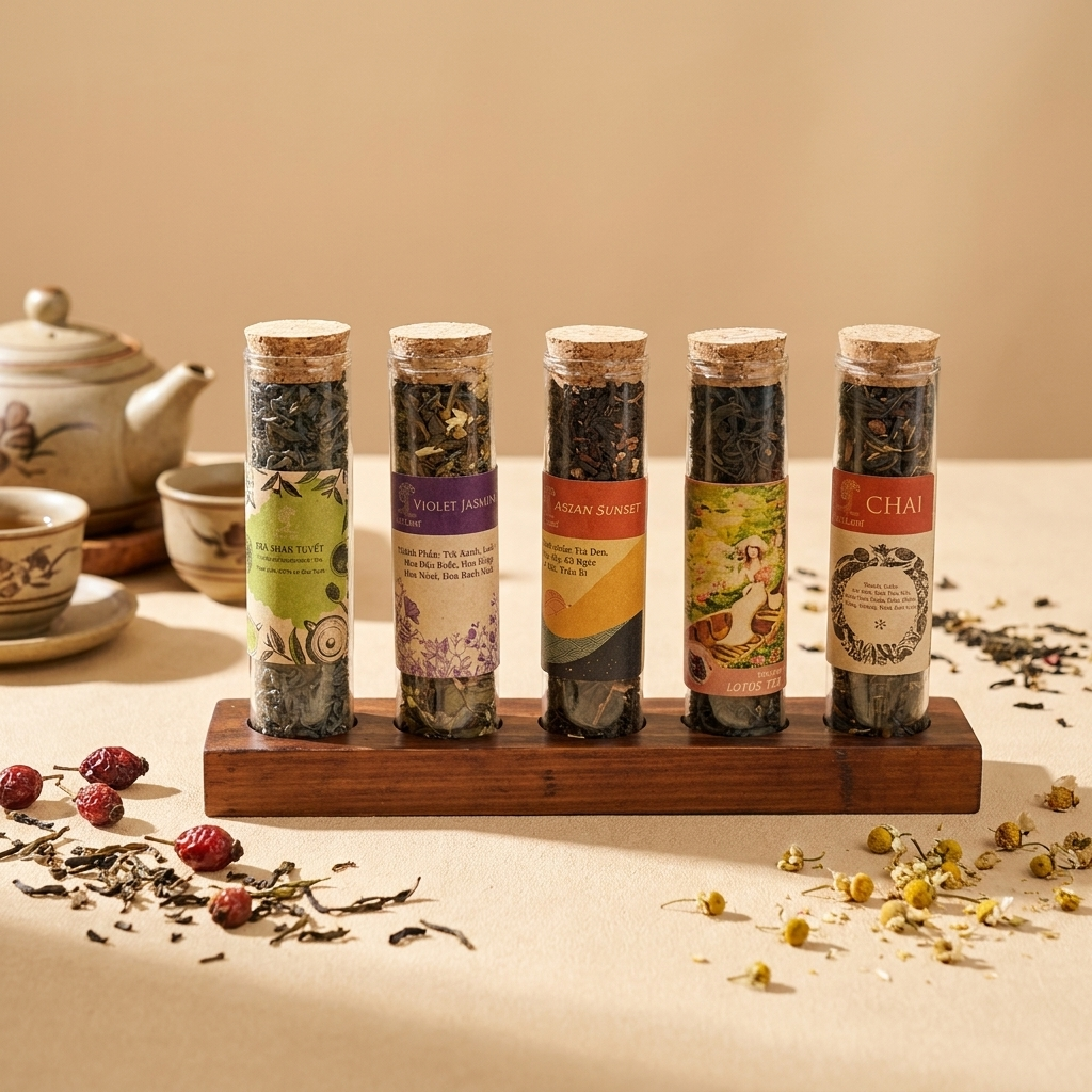 Five glass test tubes (cylindrical vials) containing loose-leaf tea: cork stoppers, paper labels with botanical illustrations, held in a horizontal wooden display stand.