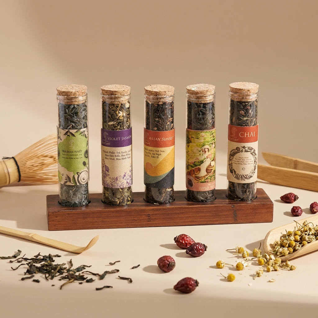 Five tea samples in glass test tubes (cylindrical vials) with cork stoppers, arranged in a wooden display stand: clear glass, natural cork, paper labels with botanical illustrations, loose-leaf tea bl