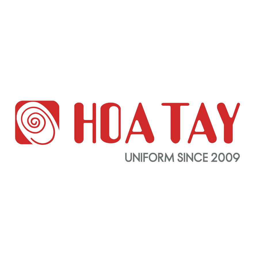 Logo thương hiệu Hoa Tay (một biểu tượng xoắn ốc trong khung vuông đỏ) nằm cạnh chữ in hoa màu đỏ, phông chữ không chân, nền đen, ánh sáng phẳng.