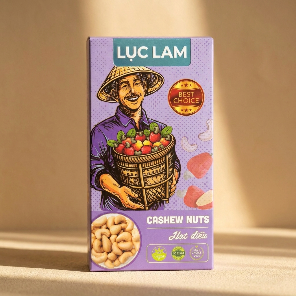 Packshot chính diện hộp giấy 120g Hạt Điều Rang Muối, thấy rõ logo Lục Lam, tên dòng sản phẩm, minh họa nông sản và hình thành phẩm trên mặt hộp. Ảnh dùng để nhận diện đúng quy cách khi chọn mua hoặc