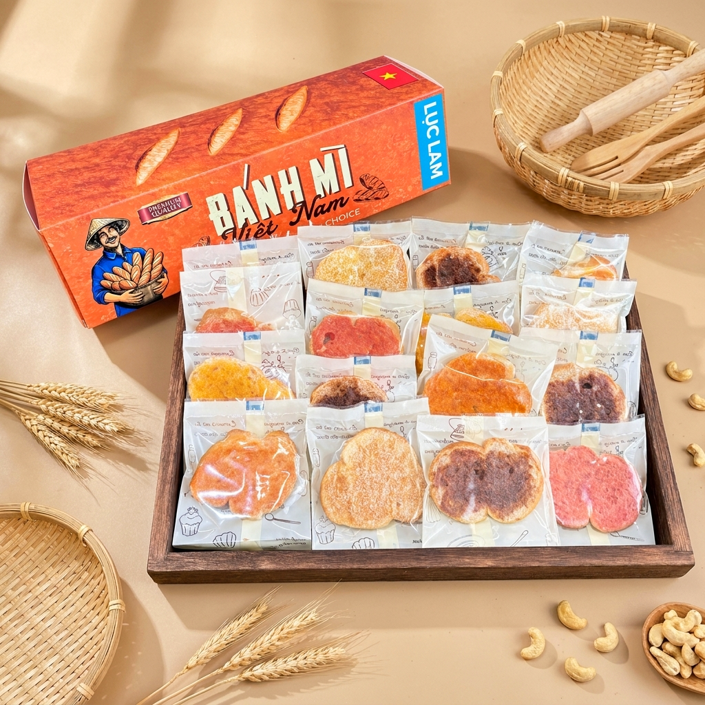 Cùng hộp Bánh Mì Việt Nam 6 vị nằm nghiêng phía sau khay gỗ đựng 16 gói rusk riêng lẻ; đạo cụ đổi thành bông lúa mì khô, hạt điều, rổ tre nắp đậy trên nền be sáng, khác bối cảnh tối ấm của ảnh bao bì