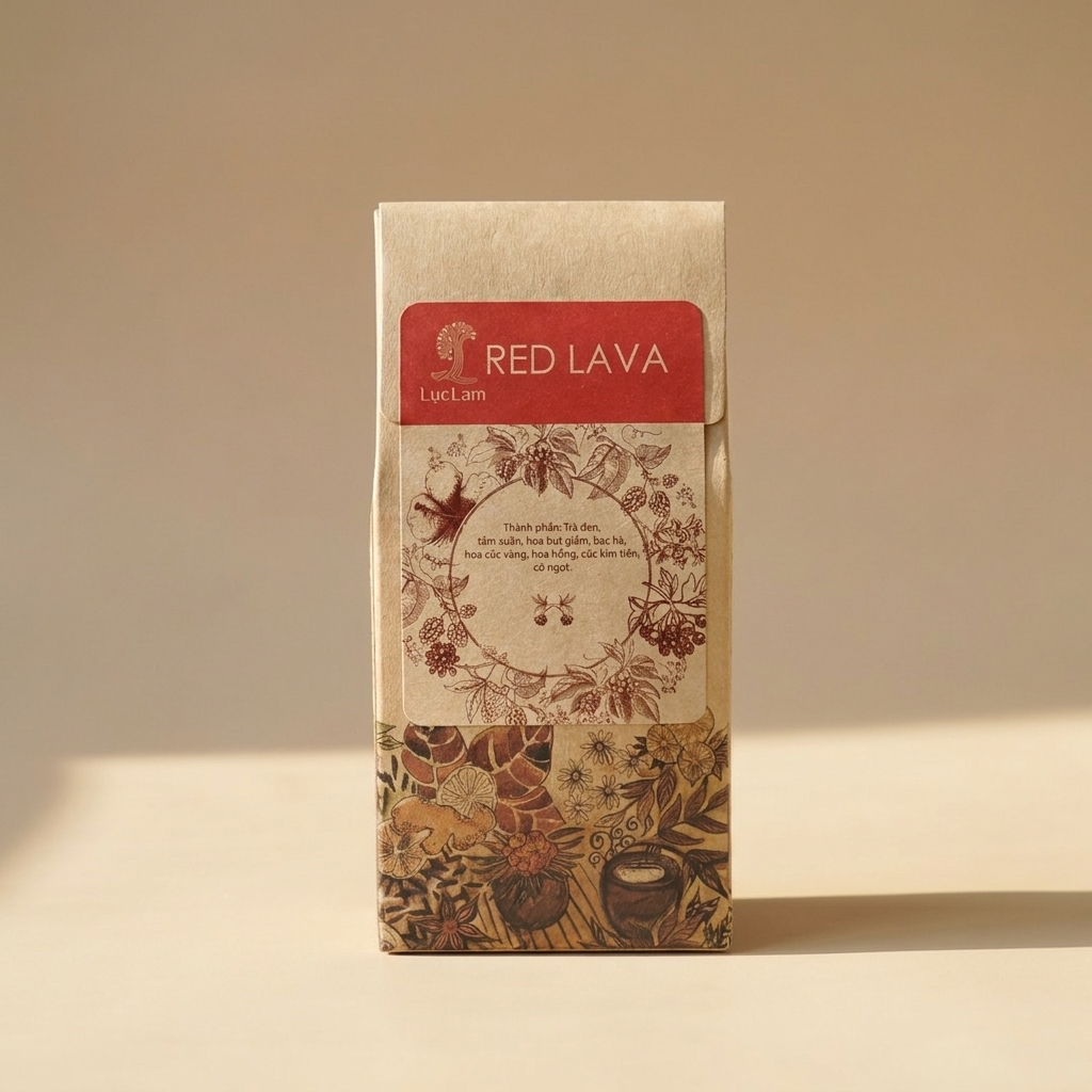 Trà Red Lava là "trà hoa, trà thảo mộc " trong Hộp giấy 50gr; tên sản phẩm và quy cách được thể hiện trên bao bì; quy cách 50g. Điểm nhận diện: vị chua nhẹ của hoa bụt giấm, hương dâu rừng và hậu vị b