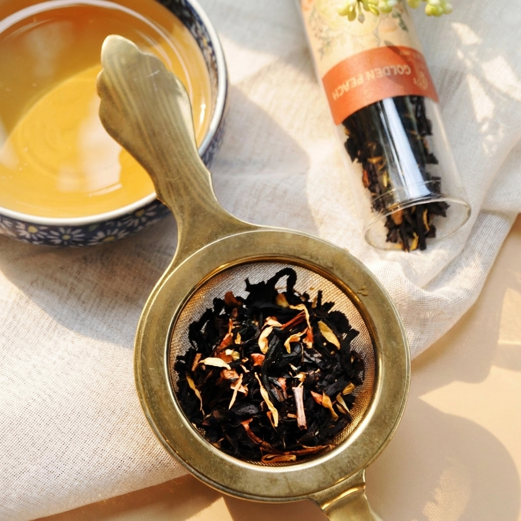 Loose-leaf tea (dried tea leaves and flower petals) in a brass tea infuser (strainer): metallic mesh bowl, long handle, dark tea leaves with yellow floral inclusions, next to a glass tube of tea and a