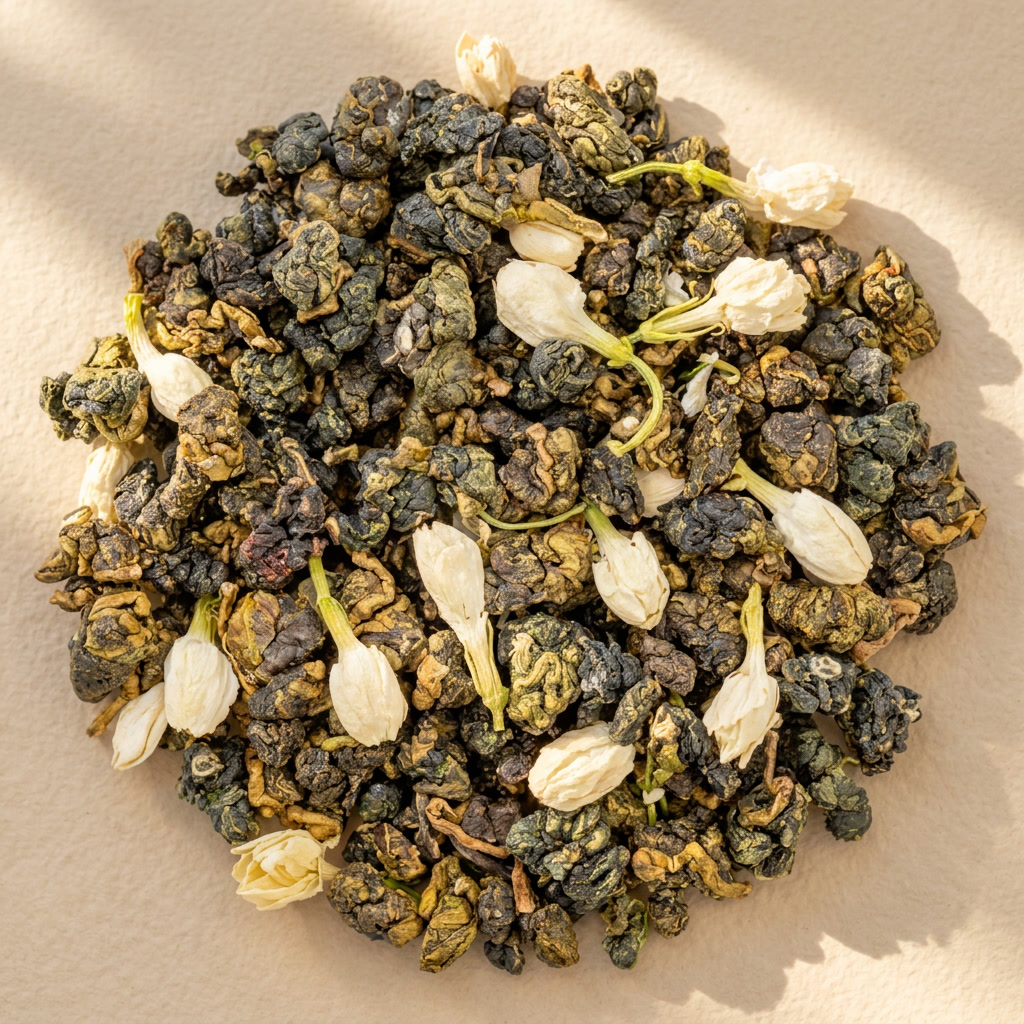 Hộp 5 túi lọc Trà OoLong Nhài; tag cài ly vẽ cô gái H’Mông đeo gùi tre đi hái trà, mỗi túi bọc riêng. Tag cài miệng ly mang họa tiết riêng của vị trà; năm túi bọc riêng cho năm lần pha, khác bản hộp 2