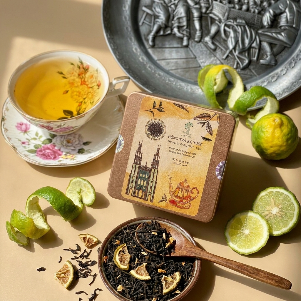 Hộp thiếc vuông Trà Bá Tước; bên trong là trà lá rời lá trà đen ướp tinh dầu cam bergamot, kèm túi lọc để pha khi không có ấm. Hộp thiếc vuông là bản 50g; trà lá rời được đóng túi PE bên trong theo mô