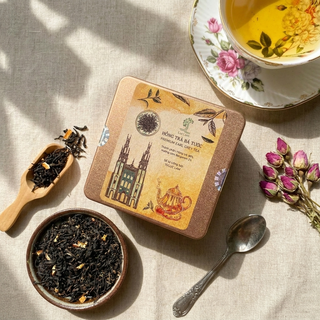 Hộp thiếc vuông Trà Bá Tước; bên trong là trà lá rời lá trà đen ướp tinh dầu cam bergamot, kèm túi lọc để pha khi không có ấm. Hộp thiếc vuông là bản 50g; trà lá rời được đóng túi PE bên trong theo mô