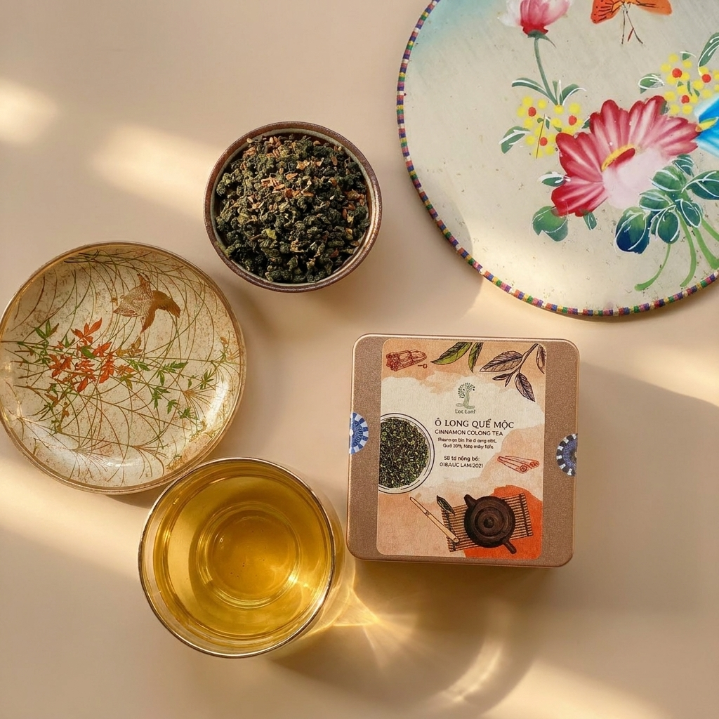 Trà OoLong Quế Mộc trong hộp thiếc vuông: 50g lá trà (búp oolong cùng hoa mộc và vỏ quế) đựng túi PE rồi vào thiếc. Hộp thiếc vuông là bản 50g; trà lá rời được đóng túi PE bên trong theo mô tả.