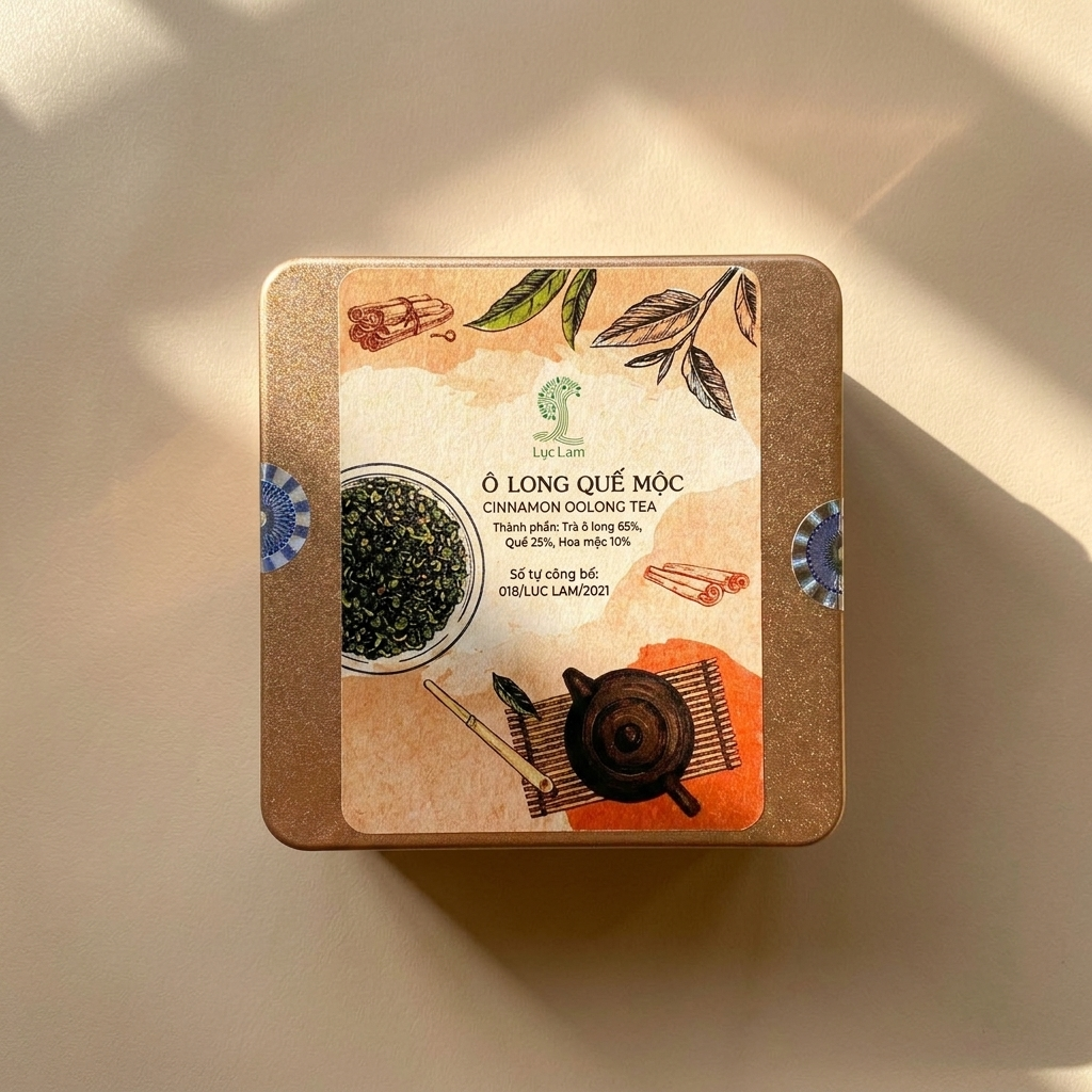 Trà OoLong Quế Mộc trong hộp thiếc vuông: 50g lá trà (búp oolong cùng hoa mộc và vỏ quế) đựng túi PE rồi vào thiếc. Hộp thiếc vuông là bản 50g; trà lá rời được đóng túi PE bên trong theo mô tả.