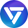 A circular logo featuring a stylized white triangular icon composed of three rounded bars against a vibrant blue-to-purple gradient background.